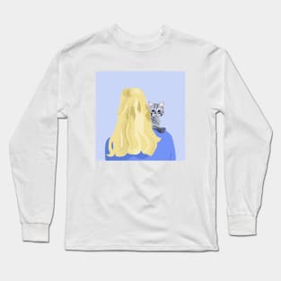 Blonde woman with cat on her shoulder Long Sleeve T-Shirt